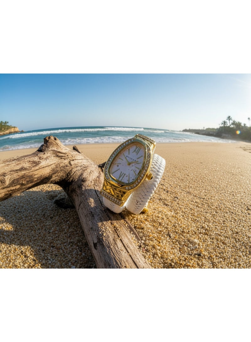 BVLGARI Serpenti White Leather Double-Wrap Watch with Diamond-Set Gold Case - Image 3